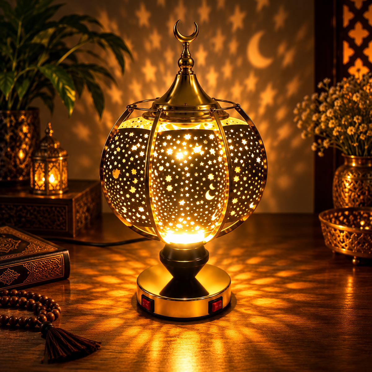 Gold Star-Pattern Round Lantern Table Lamp