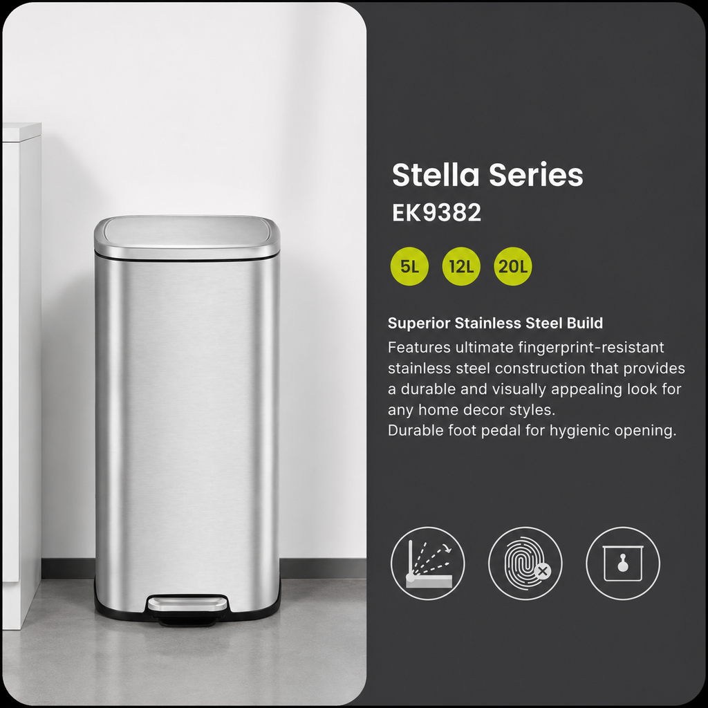 EKO Stella Series EK9382 Stainless Steel Pedal Bin – Fingerprint Resistant