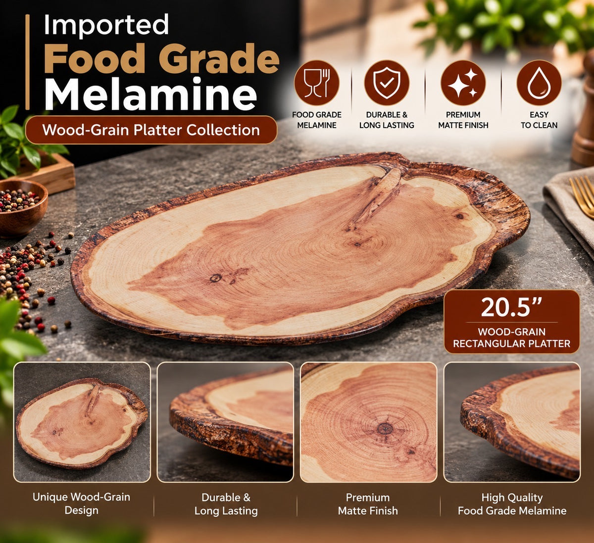 Imported Food-Grade Melamine – 20.5” Wood-Grain Rectangular Platter