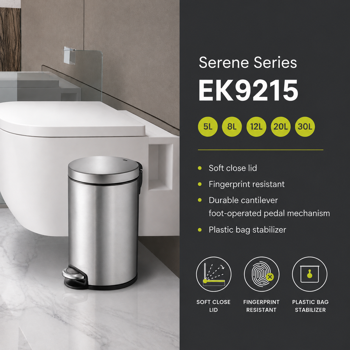 EKO Serene Series EK9215 Stainless Steel Pedal Bin – Soft Close, Fingerprint Resistant