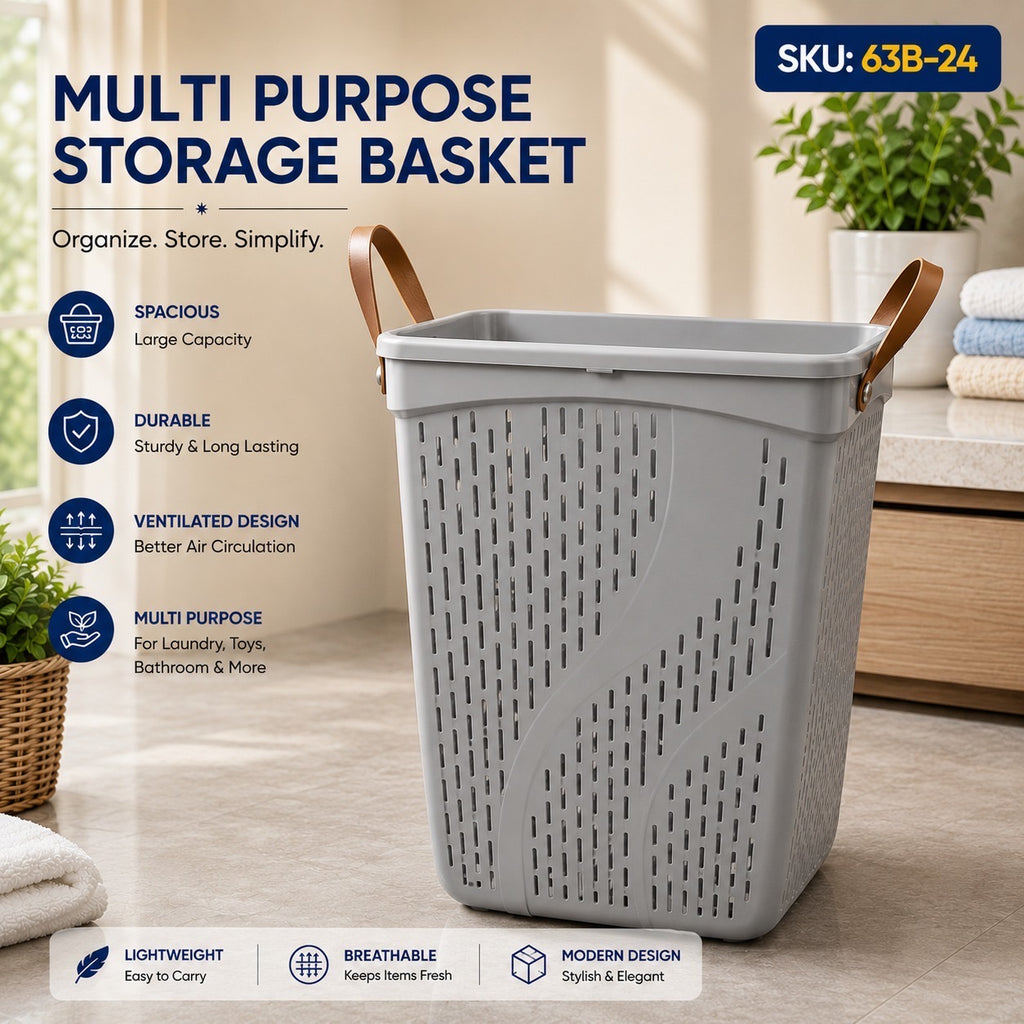 Multi-Purpose Storage Basket with Leather-Style Handles – Ventilated Laundry & Organizer Basket