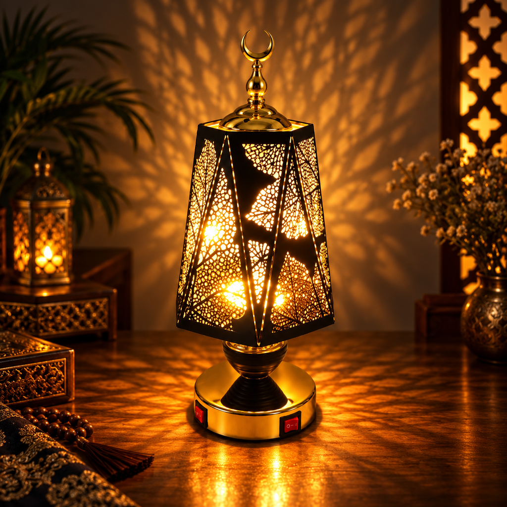 Geometric Black and Gold Perforated Lantern Lamp