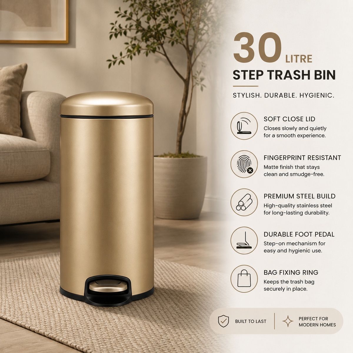 Premium Stainless Steel Gold Rose Step Trash Bin – Soft Close, Fingerprint Resistant