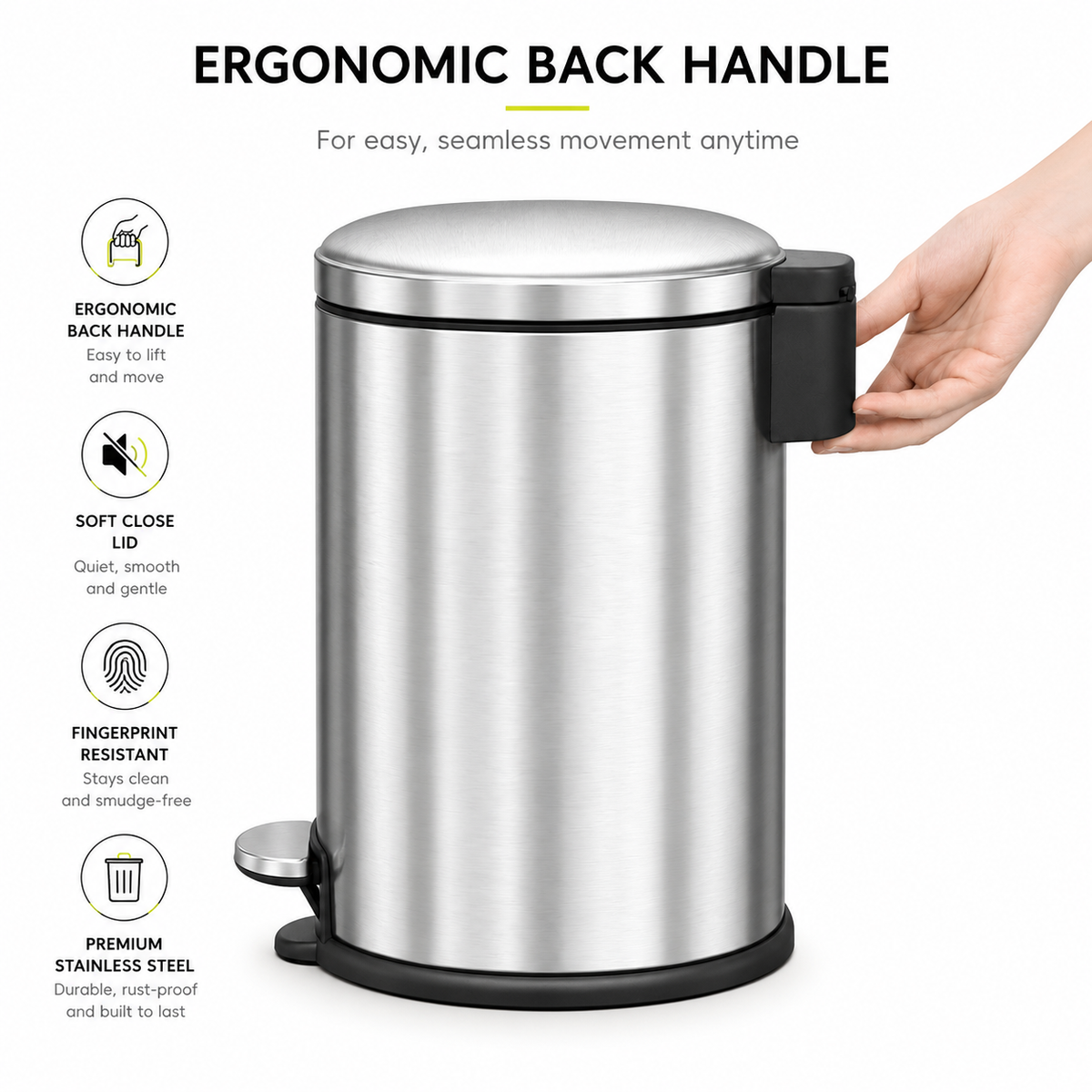 EKO Stainless Steel Pedal Bin – Soft Close Lid, Fingerprint Resistant with Ergonomic Handle