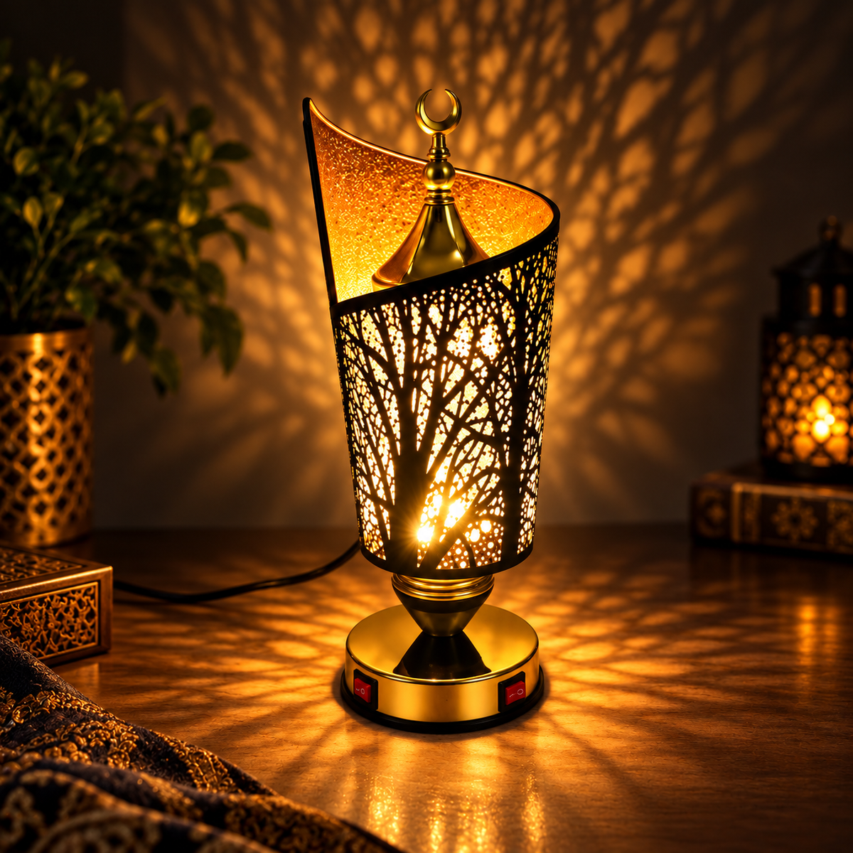 Tree-Cutout Gold and Black Decorative Table Lamp